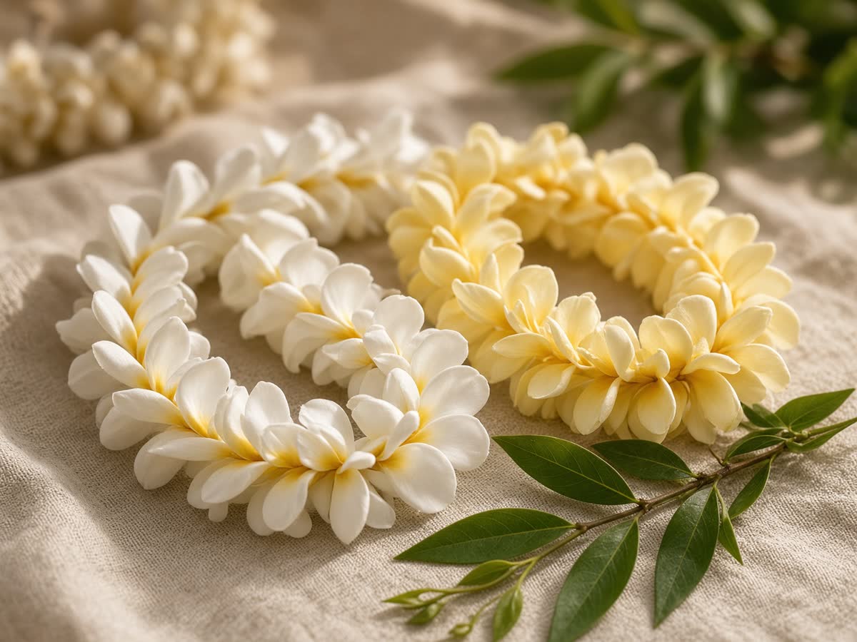Fresh plumeria leis coiled on linen
